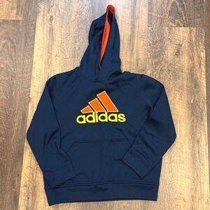 Adidas Boys Dark Blue Hoodie Bright Orange Logo Pullover‎ Sweatshirt Size 8